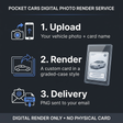 Three steps: upload your vehicle photo and card name, receive a custom render, and get a PNG by email. No physical card.